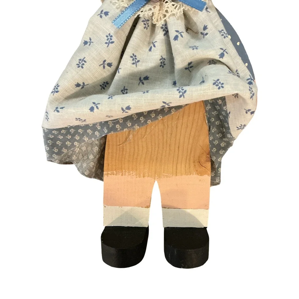 Vintage Handmade Wooden Doll Primitive Farmhouse Decor Blue Floral Lace 9 Inch